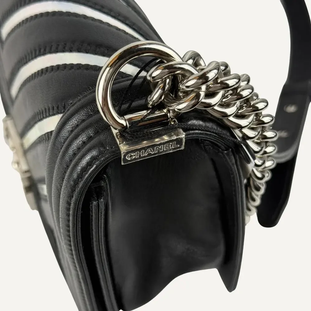 Chanel Boy Bag Medium Black Lambskin Iridescent Chevron Silver CC 17S  Women's